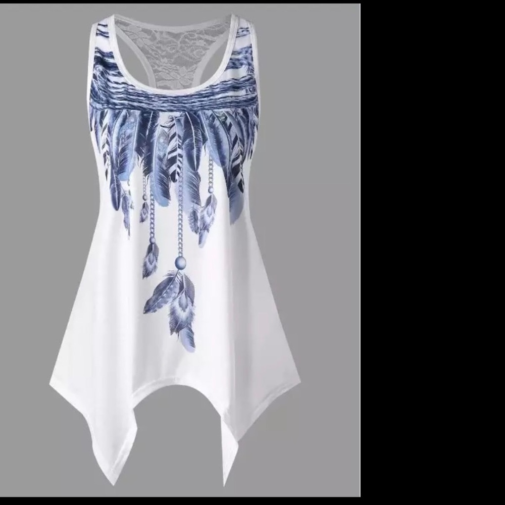 Bohemian Tank Top Shirt Size 2XL Blue With Lace